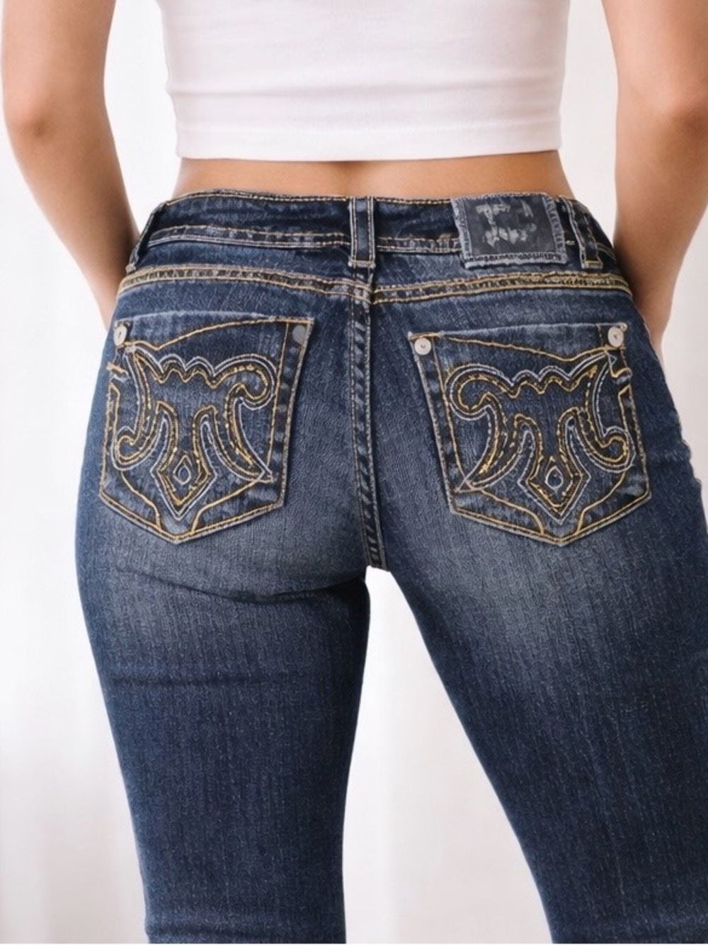 MEK Denim Dark Wash Bootcut Jeans Embroidered Pockets Size 28